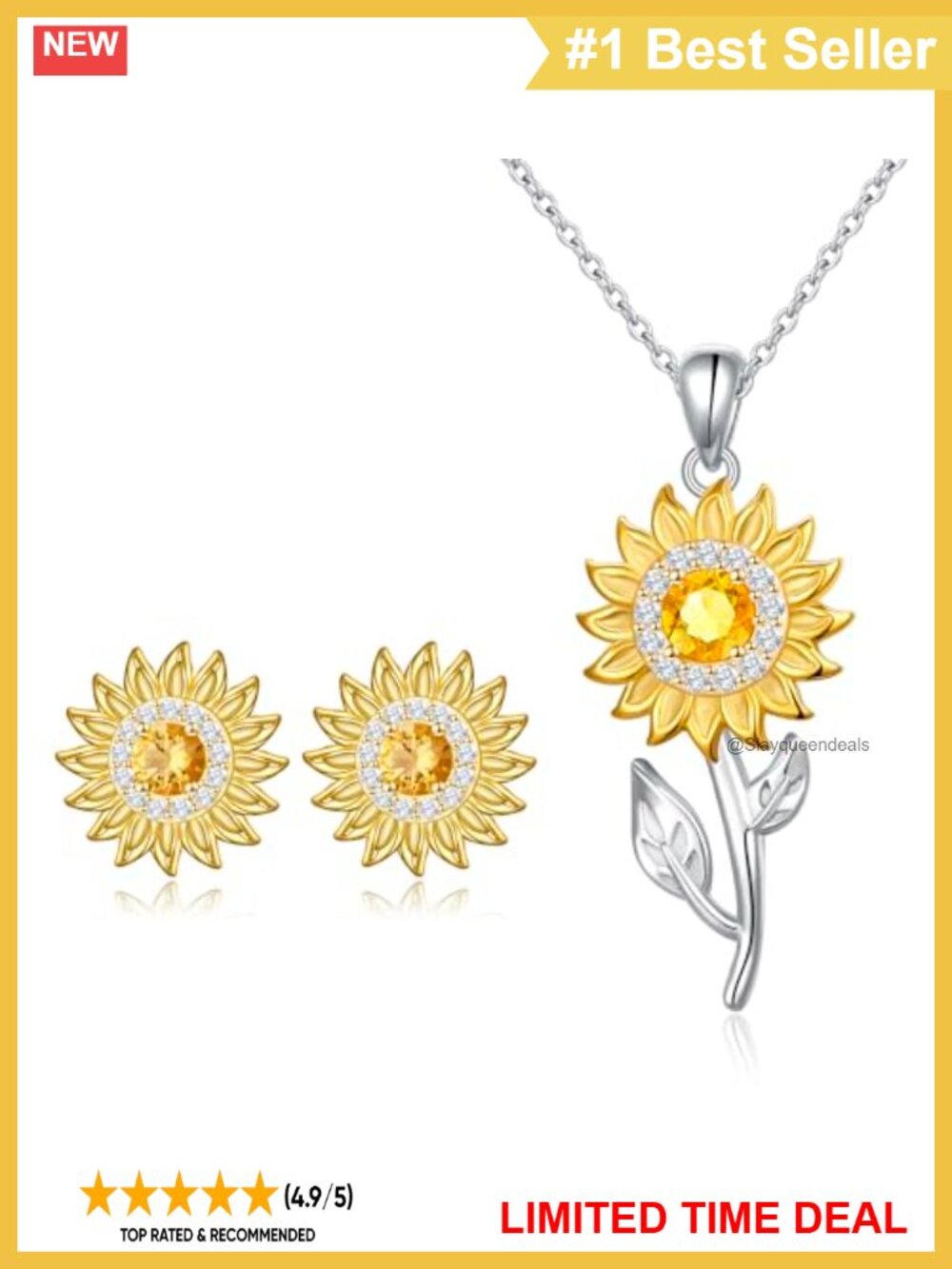 925 Sterling Silver Sunflower Pendant Necklace and Stud Earrings Jewelry Set